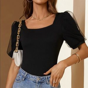 Black contrast mesh puff sleeve fitted top